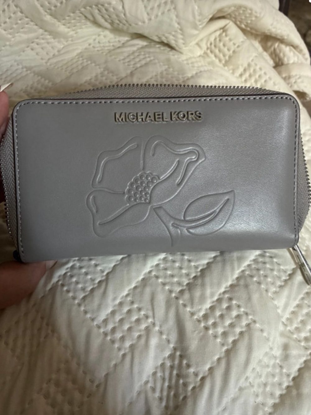 Michael Kors Gray Floral-Embossed Zip Wallet